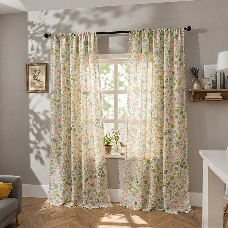 rideau fleuri transparent polyester moderne maison blanc vert bleu rose orange