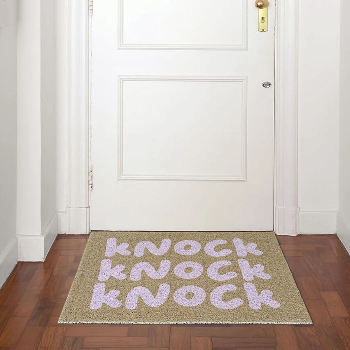 tapis d'entrée moderne lettres knock imprimées beige clair rose pâle antidérapant extérieur porche couloir