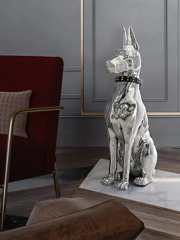 statue moderne chien dobermann bulldog lunettes collier or argent réfléchissant intérieur décoration