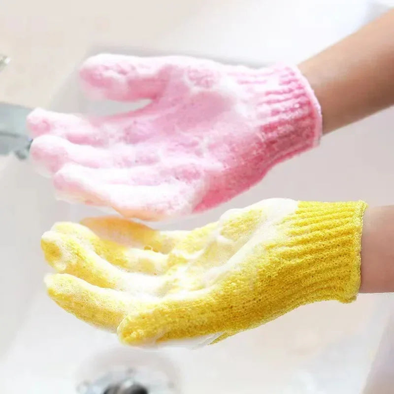 gants bain exfoliants doux microfibre violet rose jaune bleu vert