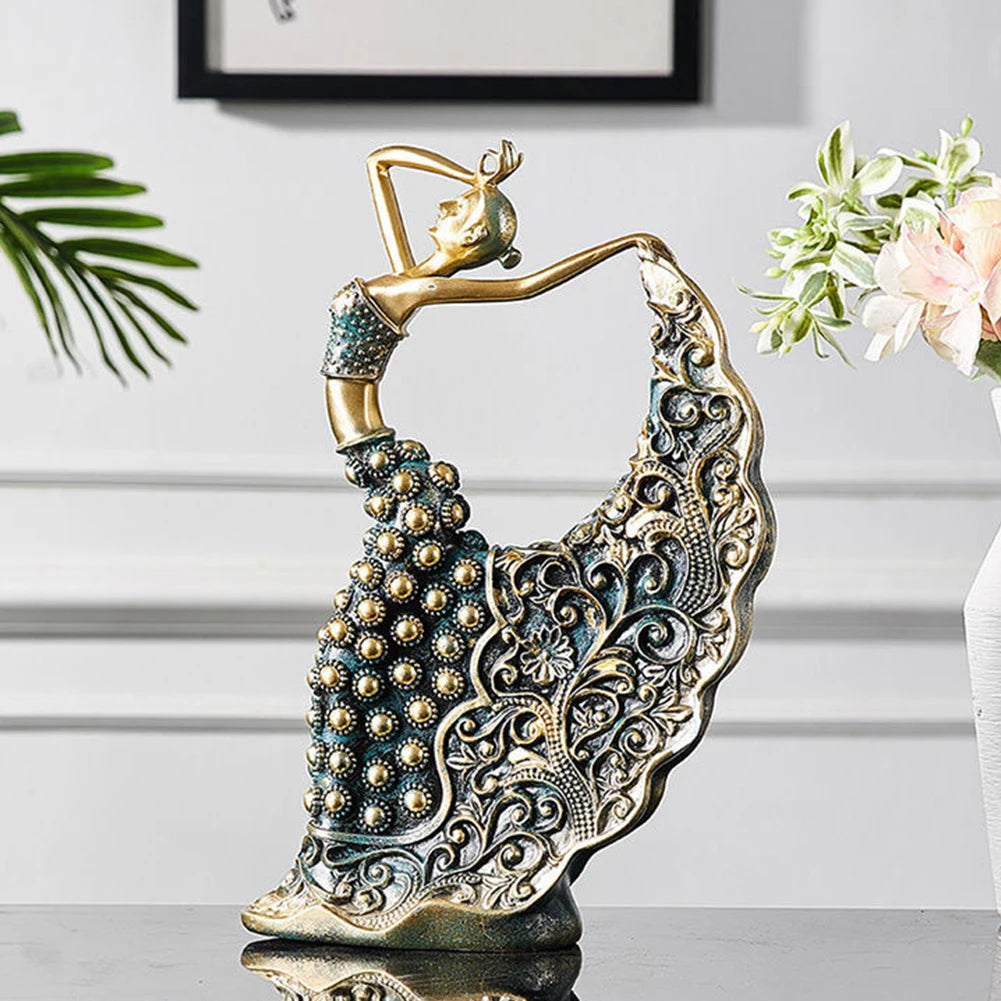 statue ornementale femme danseuse moderne résine motifs floraux or bleu bronze élégante