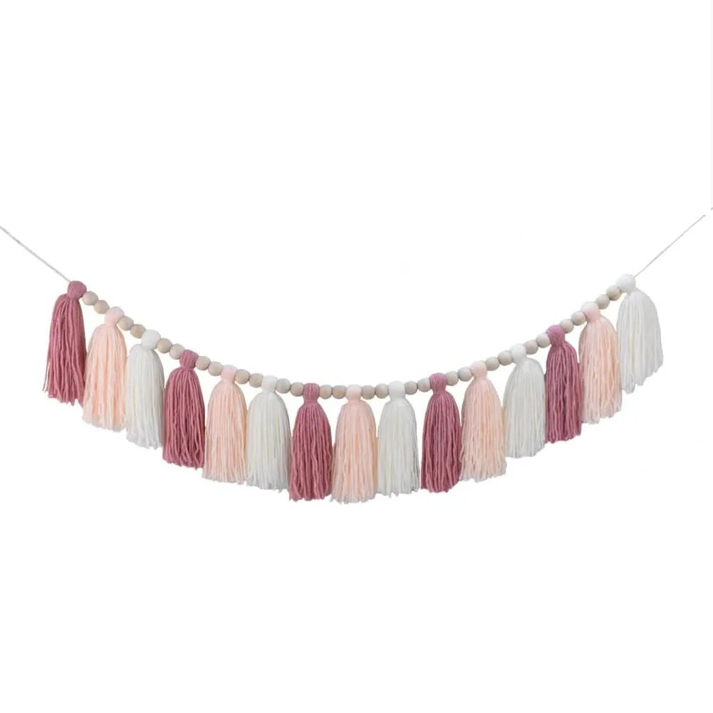 guirlande pompons boho beige marron gris rose vert bleu clair tissu 110cm chambre enfant