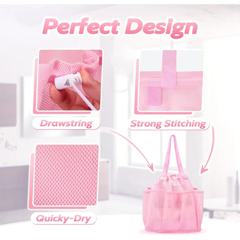 Sac douche maille rose réutilisable cordon serrage rapide respirant voyage gym