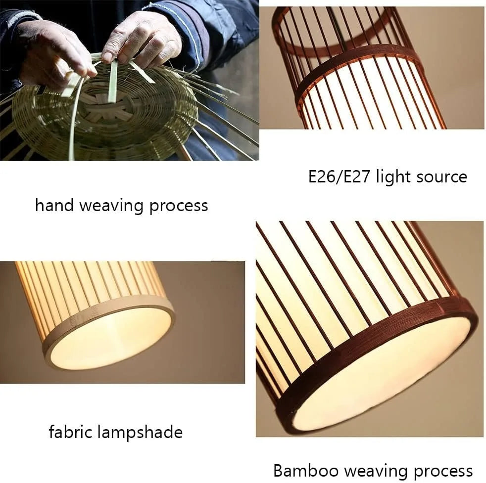 lampe suspendue moderne bambou tissé main boho rayures verticales beige noir