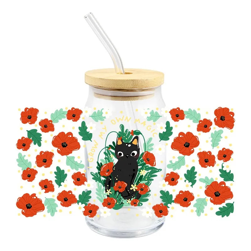 tasse verre couvercle bois ballons animaux fleurs halloween goess spooky transparent unique