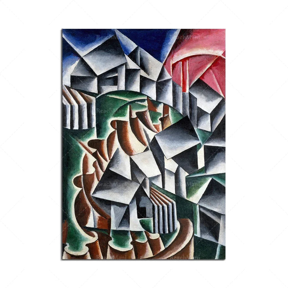 Cette œuvre abstraite présente une composition géométrique complexe avec des formes angulaires et des couleurs contrastées, créant une impression de dynamisme et de profondeur.