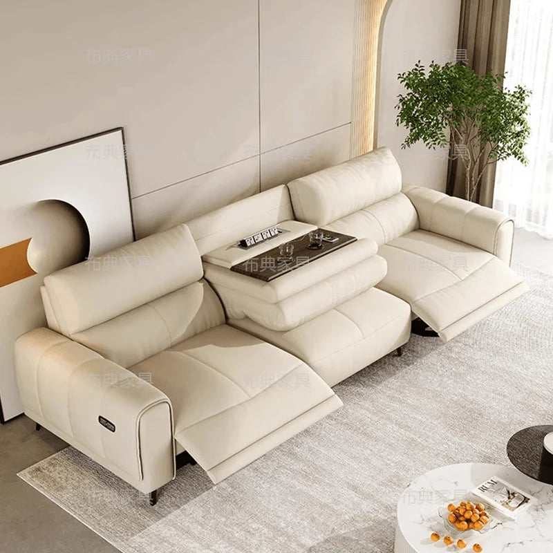 canapé lit simili cuir moderne beige repose pieds tablette intégrée minimaliste table rabattable salon