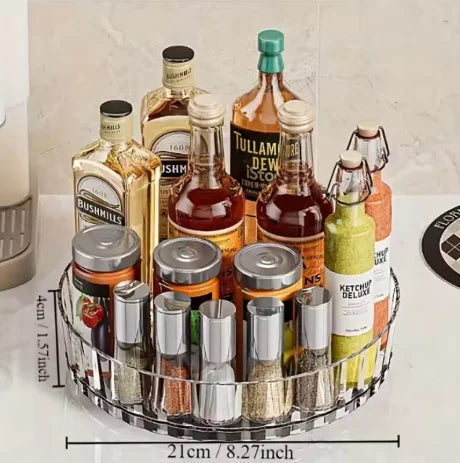 organisateur rangement rotatif transparent rayures noires blanches moderne bouteilles épices condiments cosmétiques salle bain