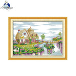 kit broderie paysage maison fleurs cascade moderne multicolore fil aiguille plan imprimée toile coton