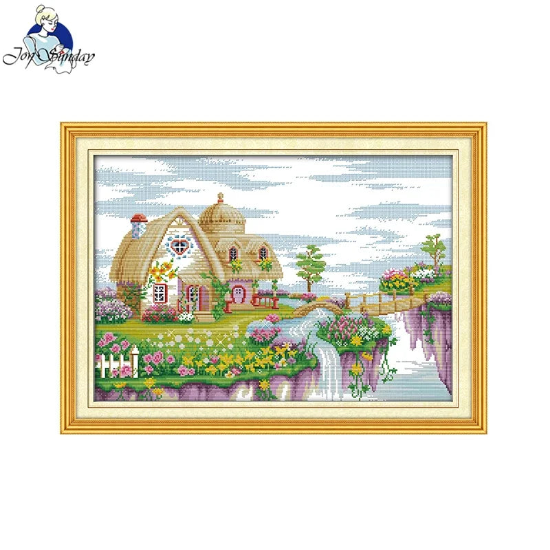 kit broderie paysage maison fleurs cascade moderne multicolore fil aiguille plan imprimée toile coton