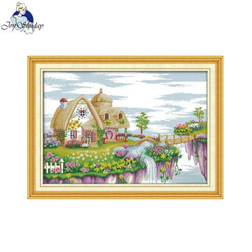 kit broderie paysage maison fleurs cascade moderne multicolore fil aiguille plan imprimée toile coton