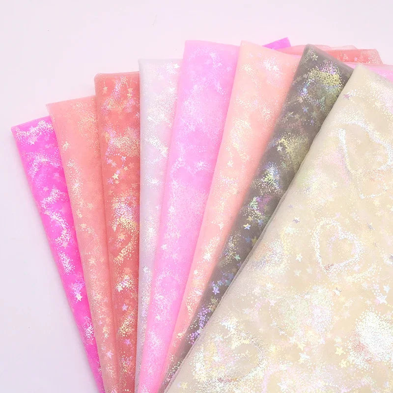 tissu étoiles coeurs paillettes rose bleu vert blanc translucide mariage anniversaire décoration festive