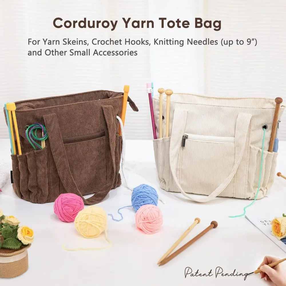 sac main marron beige corduroy vintage poignées élastiques poches zippées rangement laine multifonctionnel