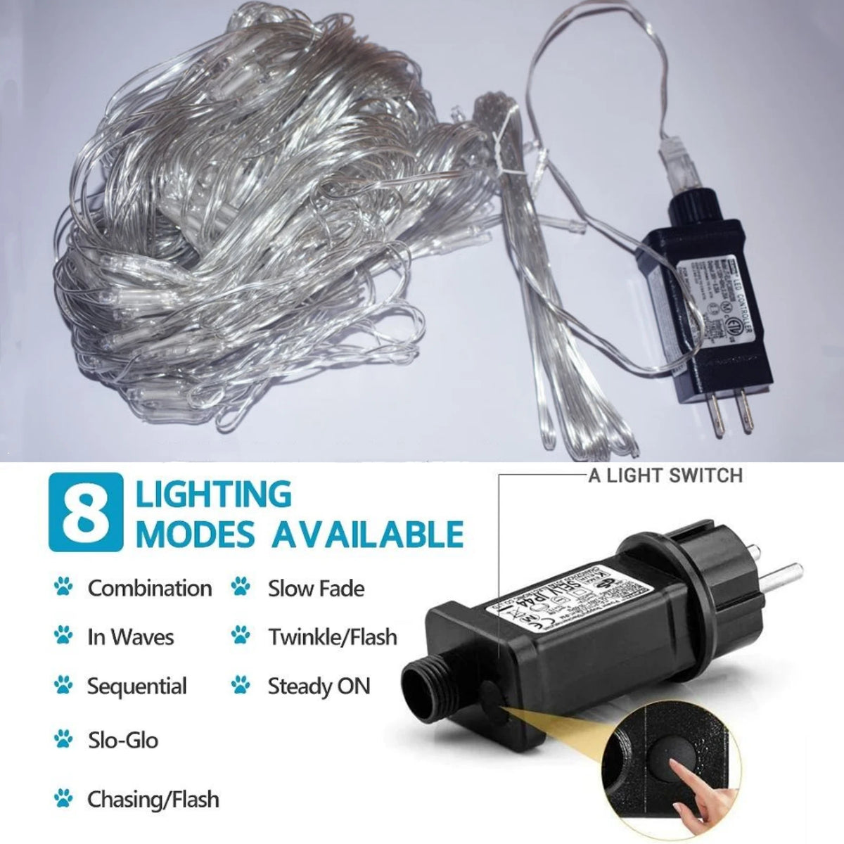 filet lumineux led ip44 multicolore modes minuterie mémoire éclairage extérieur intérieur moderne clips adaptateur