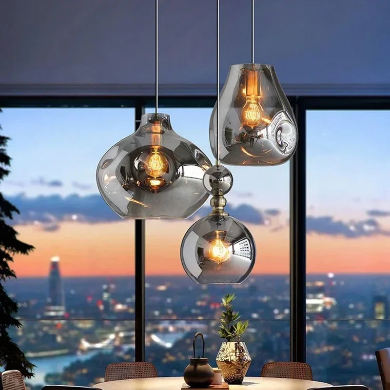 luminaire suspension moderne pierre verre gris fumé salon salle manger intérieur