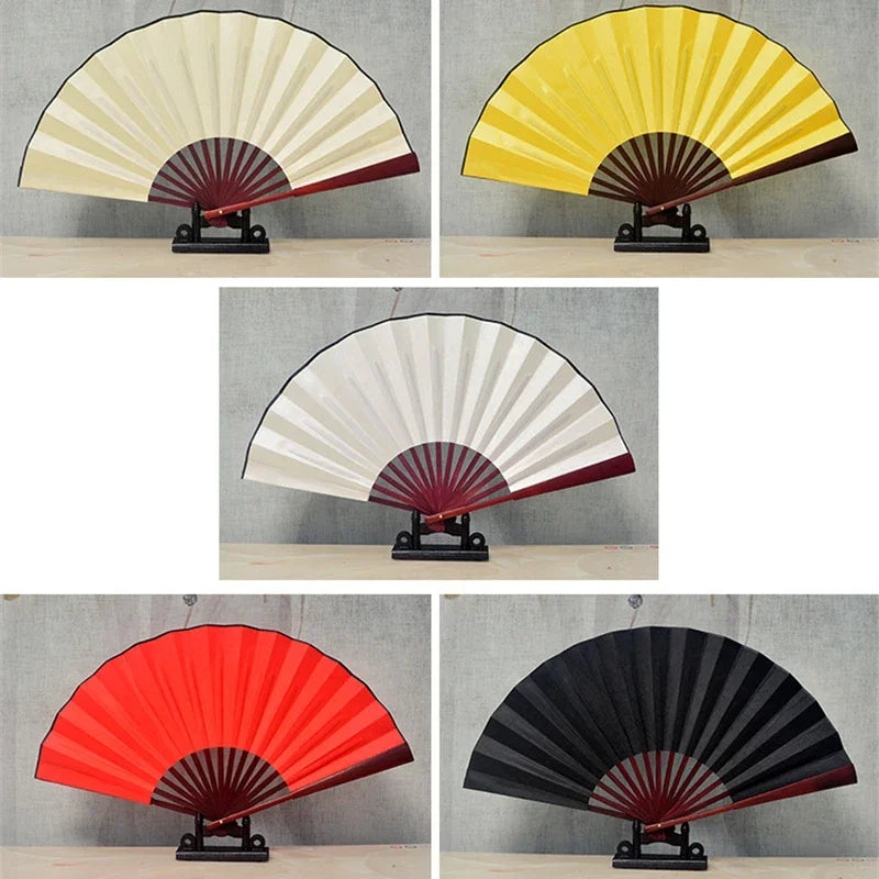 éventail pliant bambou soie rayures classique 13 pouces beige rouge noir blanc jaune
