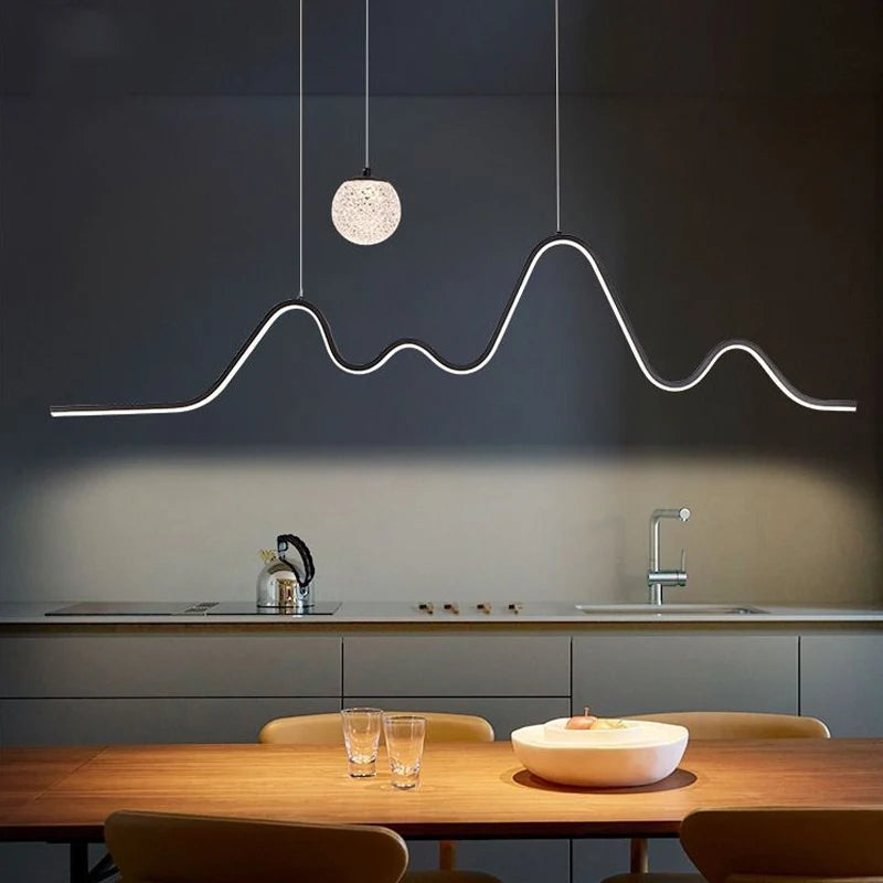 suspension moderne minimaliste luminaire vague lune forme ondulée blanc noir doré led chambre restaurant