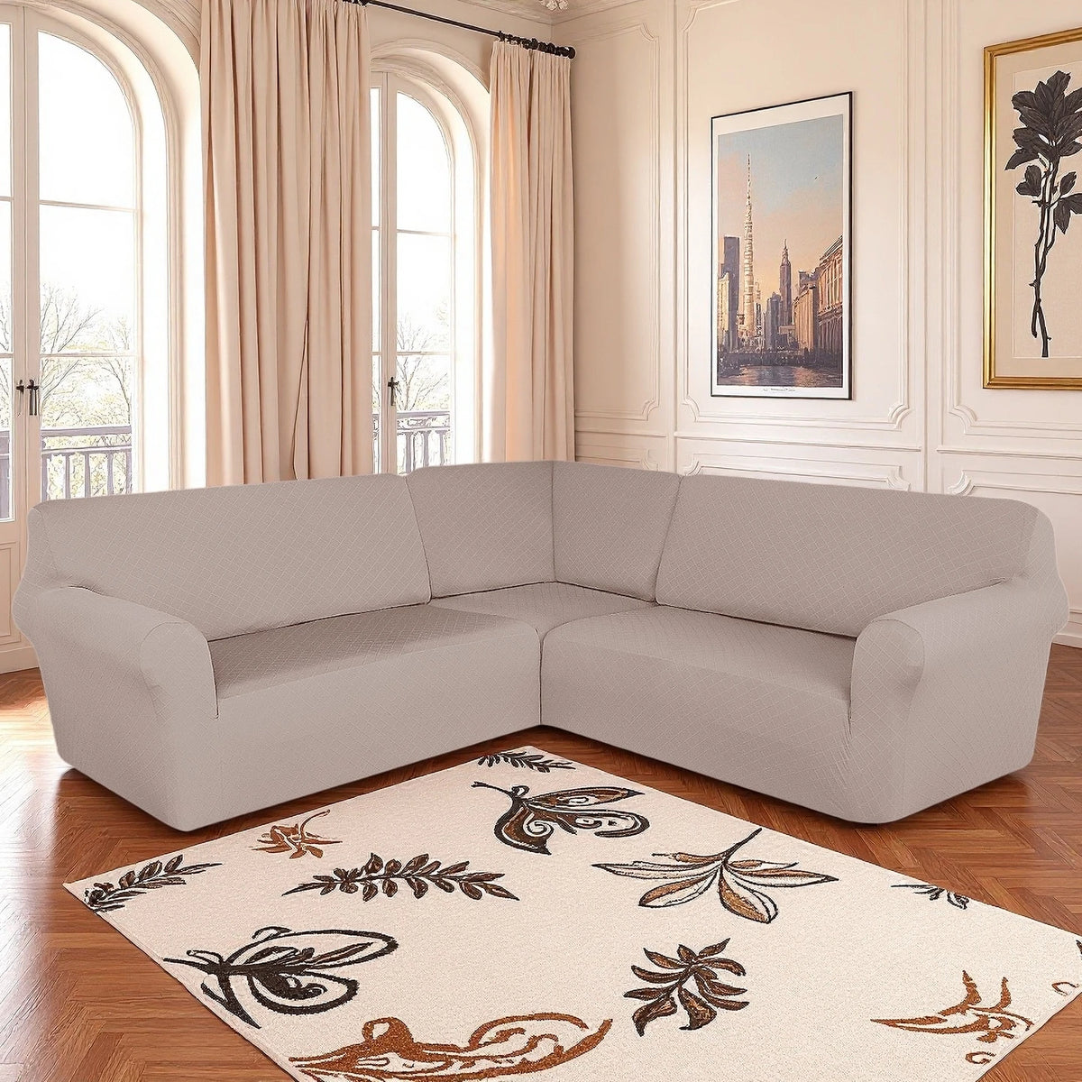 housses canapé d'angle beige clair jacquard moderne elasticité poche lavage machine automne hiver