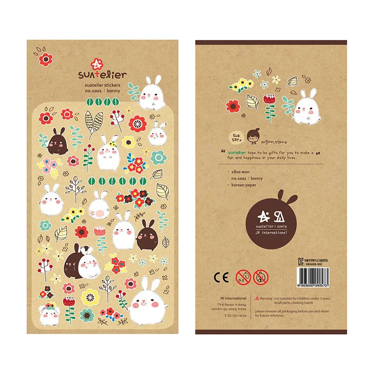 sticker lapin mignon fleurs motifs géométriques scrapbooking diy junk journal blanc noir rose vert
