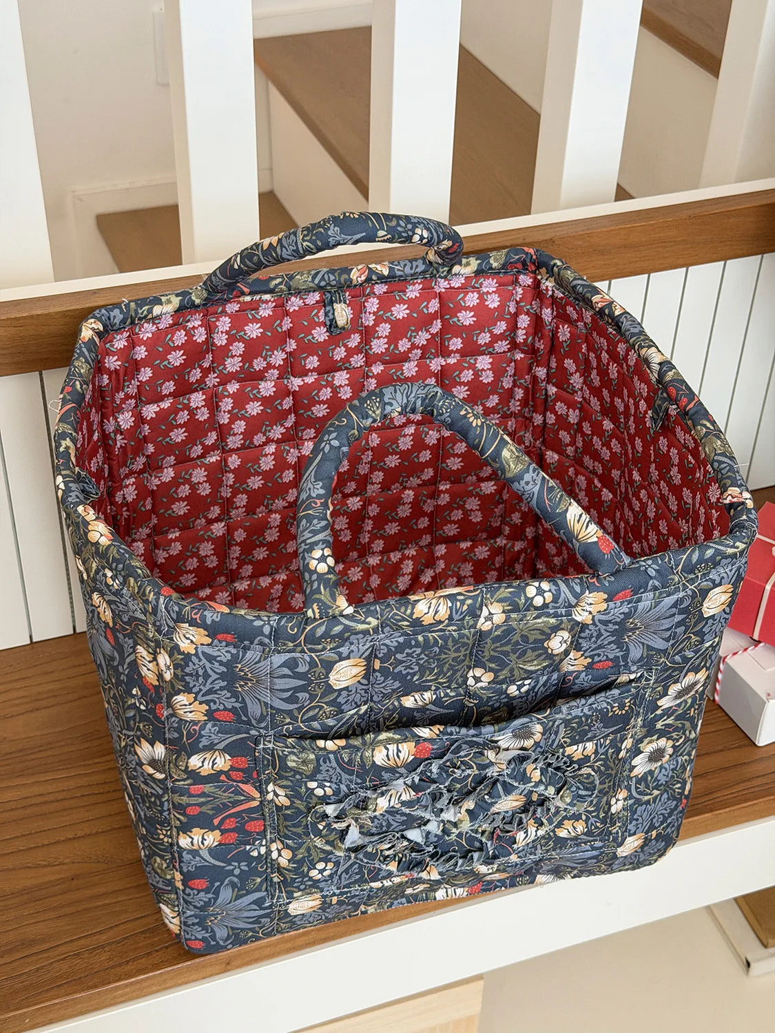 paniers rangement tissu fleurs patchwork vintage rose clair rouge marron poignées détachables fermeture glissière