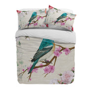 ensemble literie floral vintage oiseaux branches fleuries bleu turquoise beige rose blanc marron vert