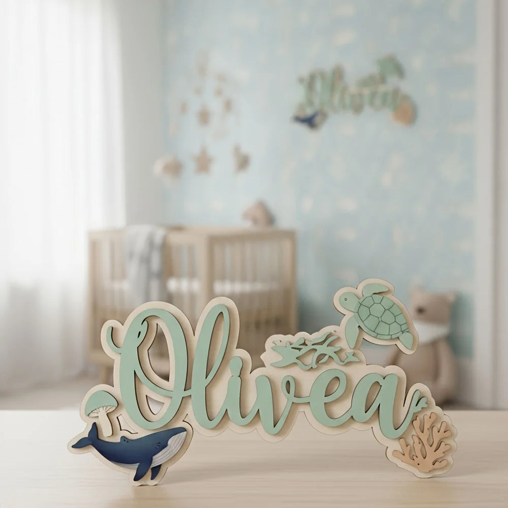 plaque porte personnalisable bois impression uv lettres animaux marins moderne vert pastel occasion fête