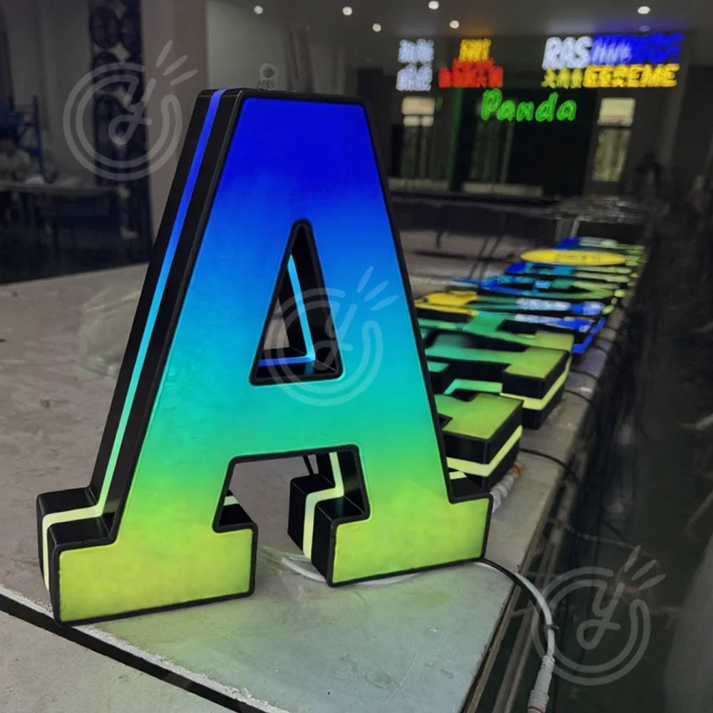 lettres lumineuses 3d bleu vert rose blanc gradient clips frontlight business sign acrylic led