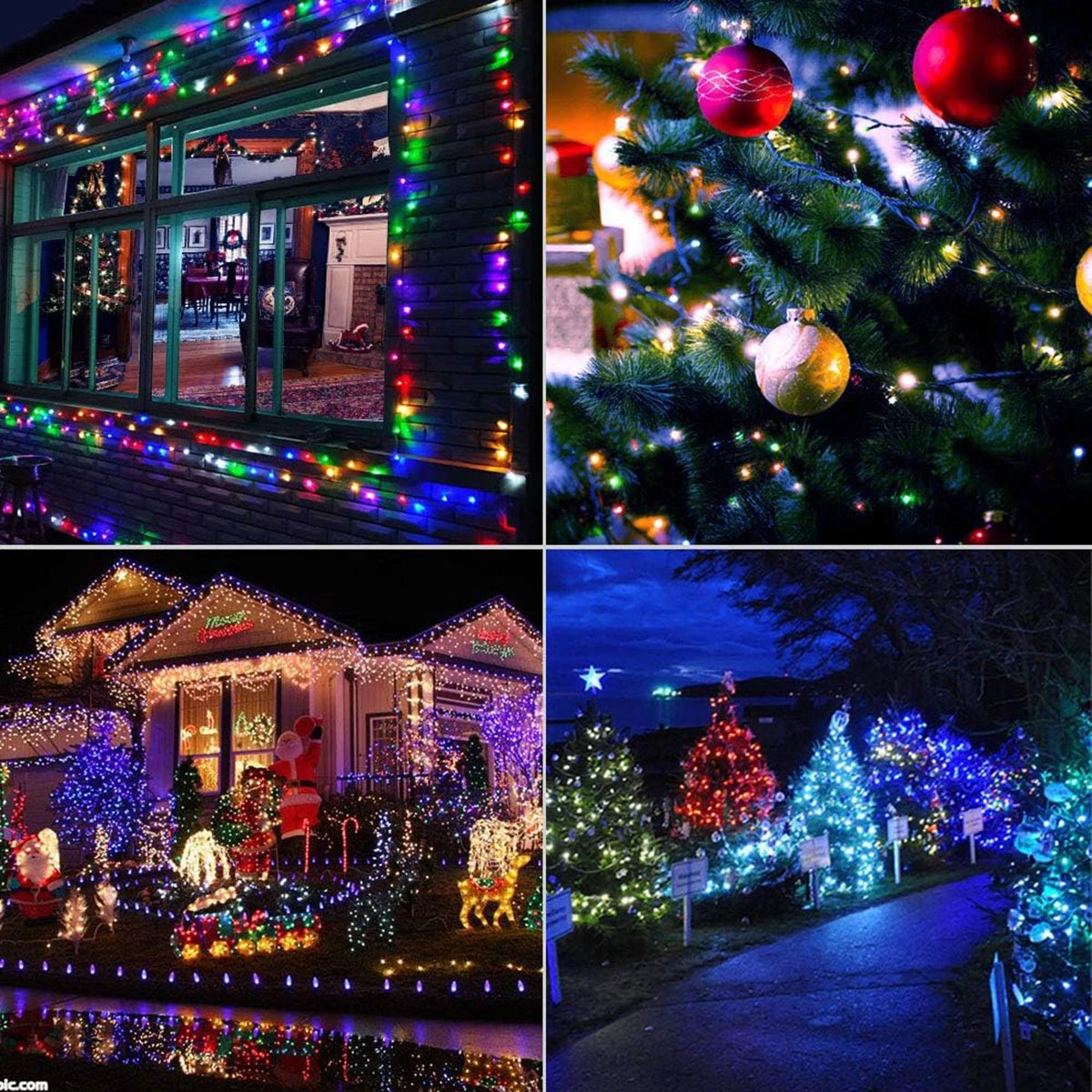Guirlande lumineuse multicolore décorant un arbre de Noël en extérieur