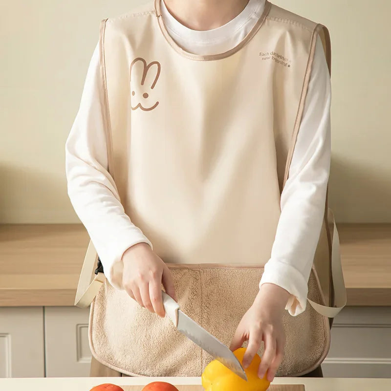 tablier cuisine femme beige imprimé visage lapin poche amovible ceinture ajustable moderne durable
