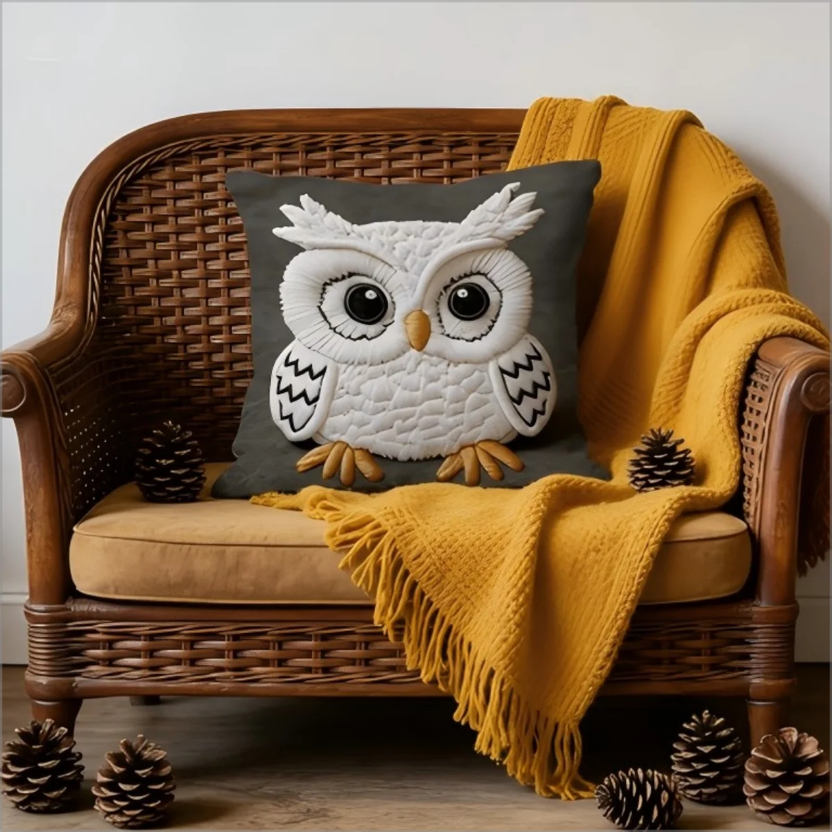 hibou relief coussin gris blanc orange rustique bohème decoratif texture laine coton