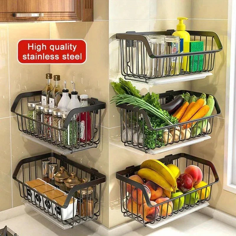 paniers suspendus acier inoxydable treillis moderne étagères murales légumes fruits épices organisateur cuisine minimaliste