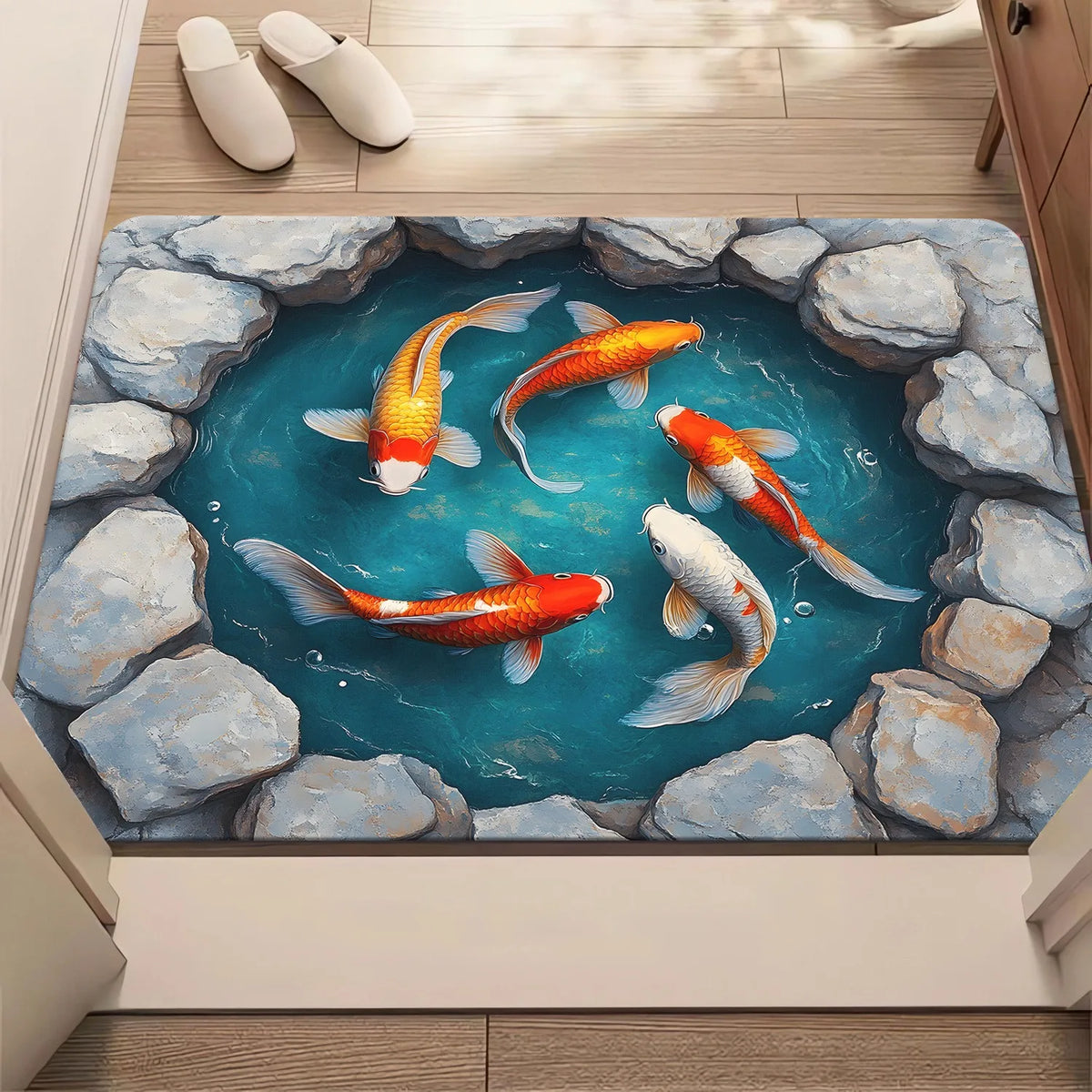 tapis moderne poissons carpes bleu blanc orange jaune gris antidérapant résistant décoloration utilisation bain