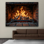 tableau mural feu cheminée noir orange réeliste brique bois meubles décoration intérieure