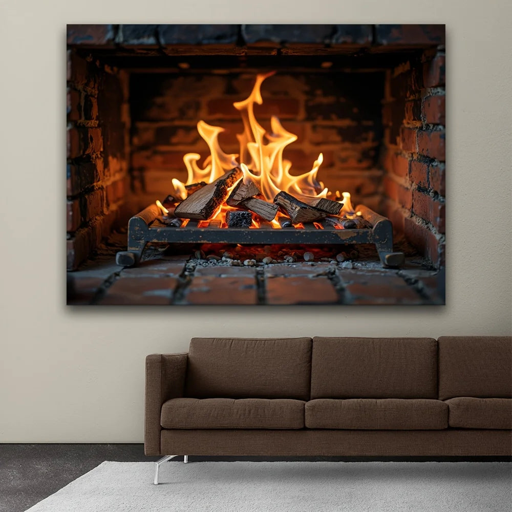 tableau mural feu cheminée noir orange réeliste brique bois meubles décoration intérieure