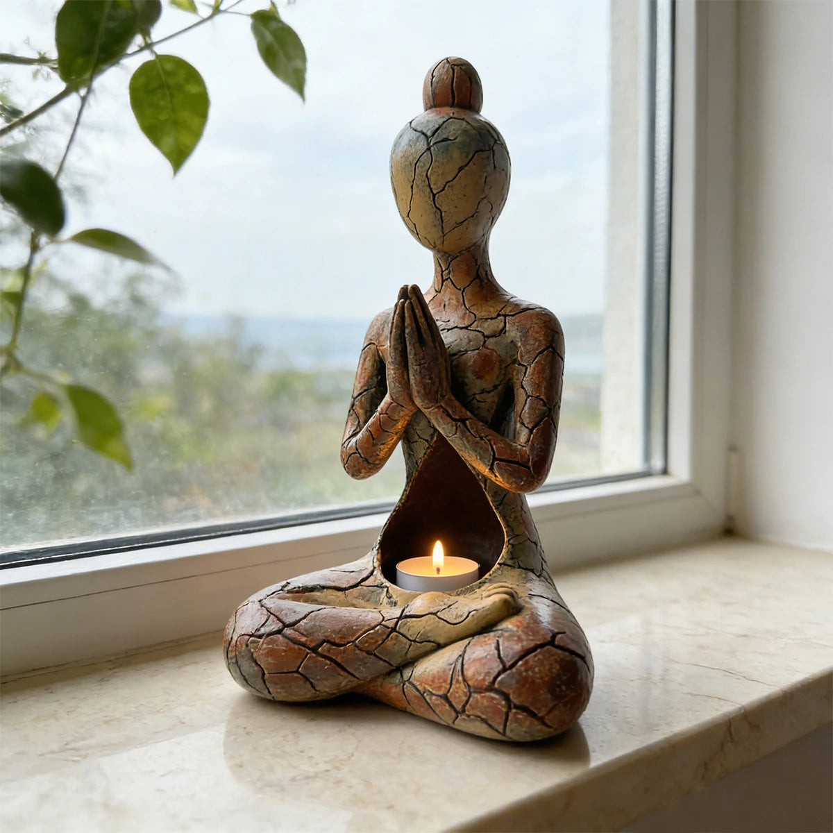statue méditative résine bouddhiste marron orange vert zen spiritualité décoration intérieure chambre salon