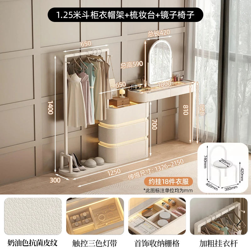 coiffeuse bois moderne beige miroir tiroirs tabouret étagère rangement chambre coucher