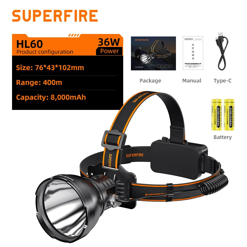 lampe frontale led rechargeable 36w usb noir batteries superfire inclinable camping pêche