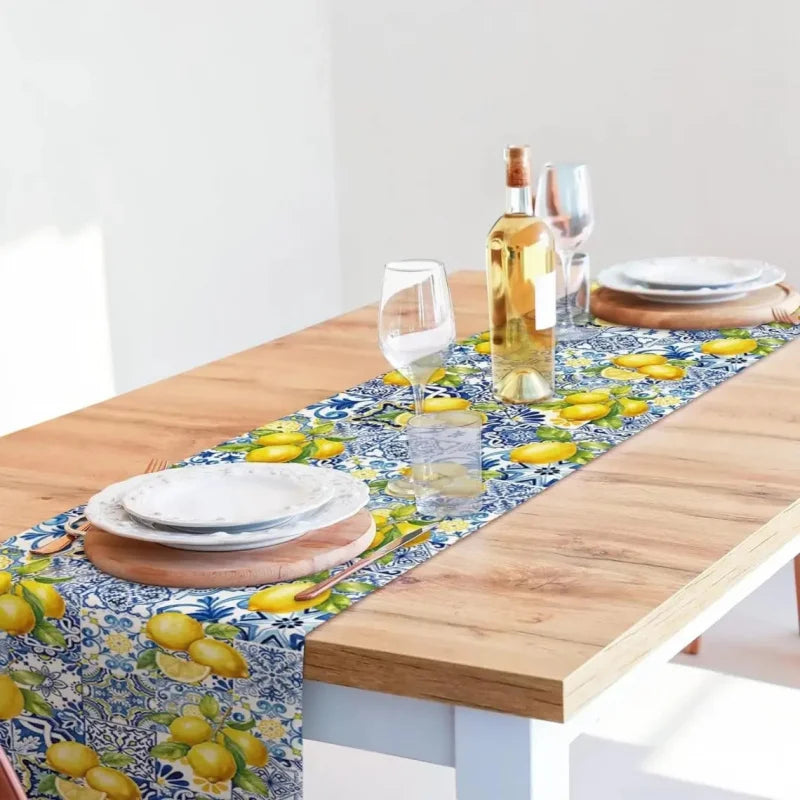 tableau table lin motif citron bleu carreaux floral méditerranéen italien noël halloween pâques