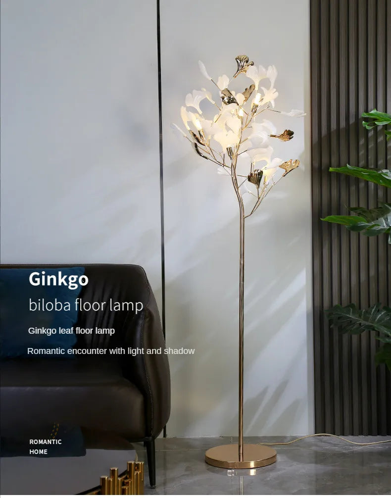 lampe sol contemporaine dorée blanche ampoules led feuilles stylisées élégante intérieure salon chambre
