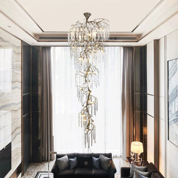 lustre contemporain doré branchettes stylisées pendeloques transparentes 3000k 4000k 6000k 90260v