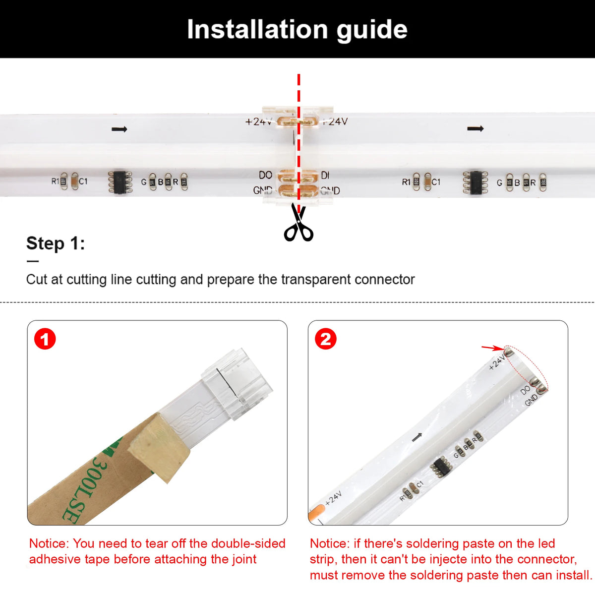 ruban led cob rgbic transparent moderne clips connecteurs 24v certifié rohs ul