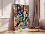 tableau floral patchwork lanternes géométrique moderne bleu vert orange noir blanc