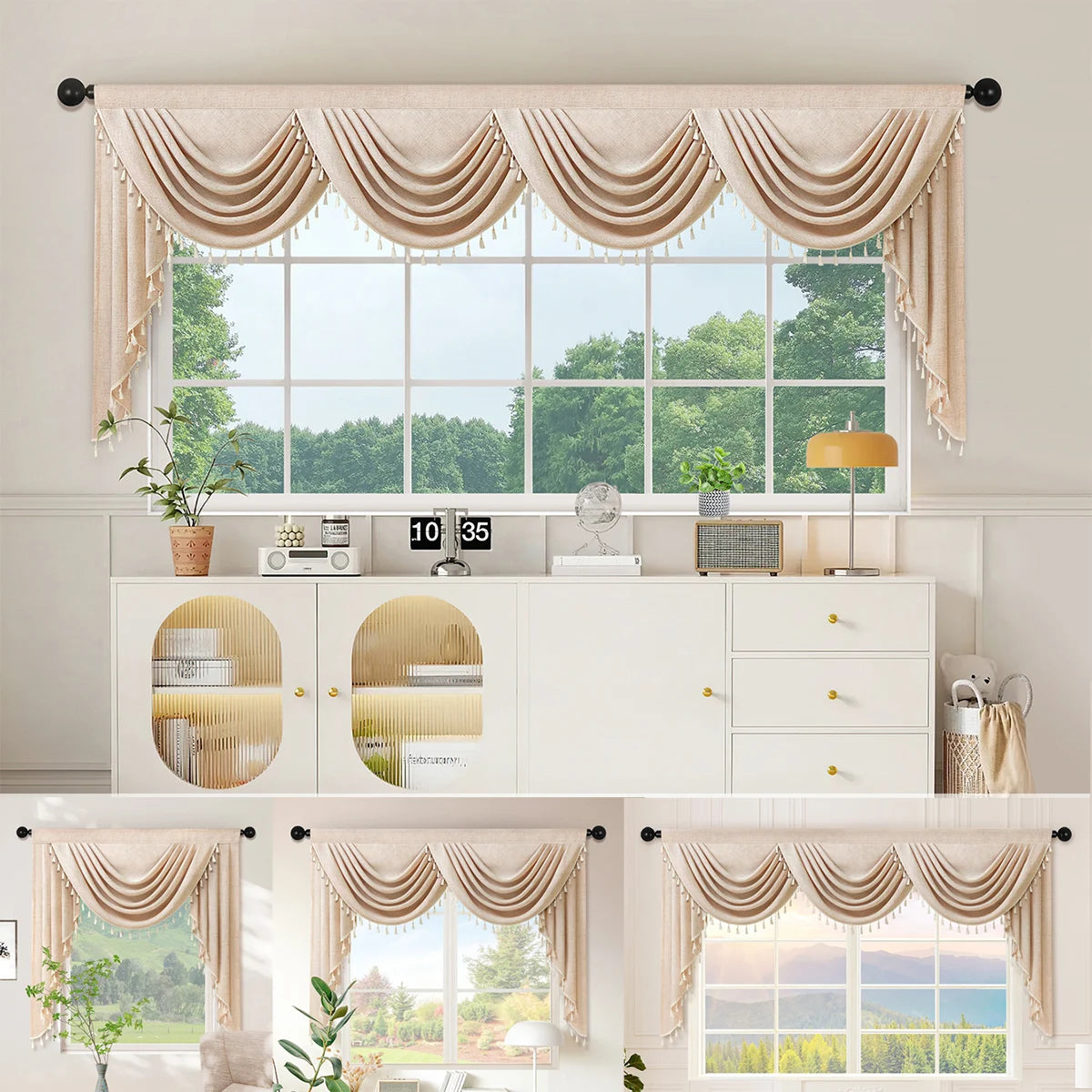 rideau polyester beige clair classique opacique 105cm largeur variable decoration fenetre cuisine salon