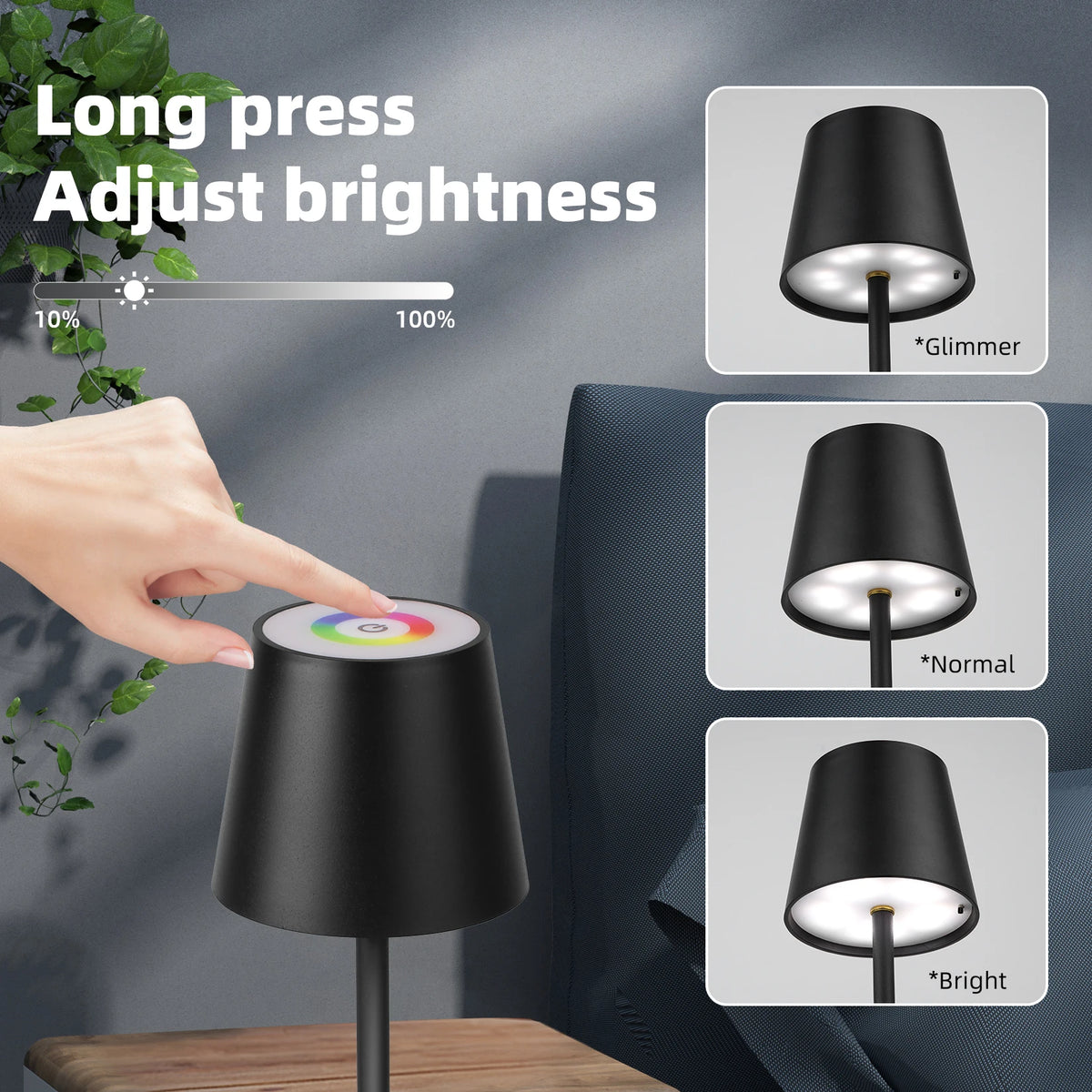 lampe table led rechargeable usb interrupteur tactile noir moderne(touch dimming abs batterie)