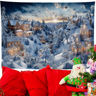 décoration murale noël paysage enneigé maisons illuminées arbres neige bleu blanc