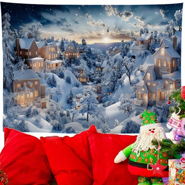 Tapisserie murale paysage de Noël village enneigé décoration festive