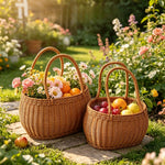 paniers tressés marron clair poignées utilisation multiple rangement fruits légumes fleurs traditionnels