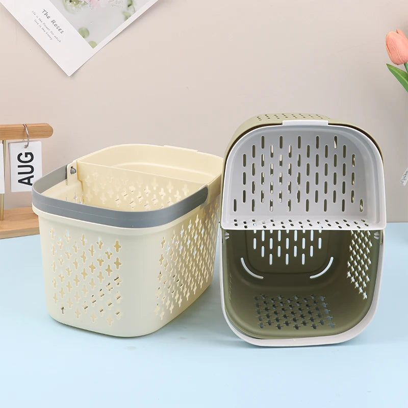 panier rangement beige vert olive perforations geometriques poignees detachables moderne plastique abs