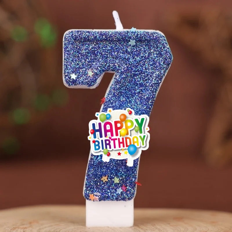 décoration anniversaire bougie chiffre bleu pailleté flamme colorée thème enfant festive happy birthday