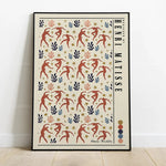 Une affiche vintage ornée de figures humaines stylisées dansant parmi des feuilles et des étoiles, avec un texte en anglais "Henri Matisse" en dessous.